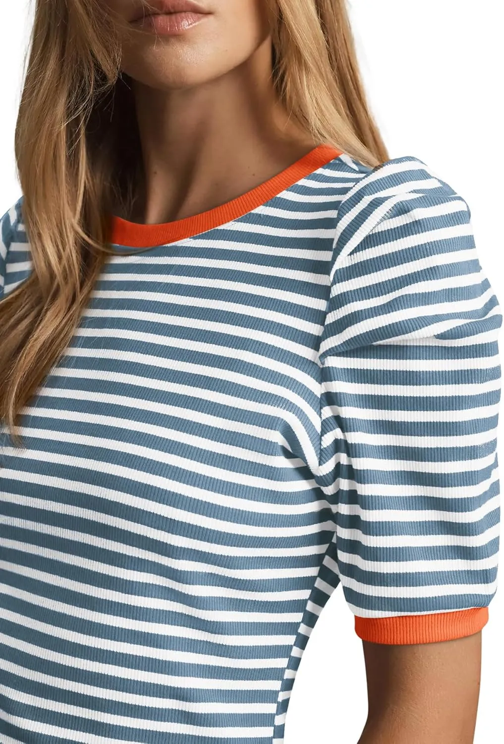 Tankaneo Womens Short Puff Sleeve Tops Trendy Striped Color Block T Shirts Crewneck Casual Shirts