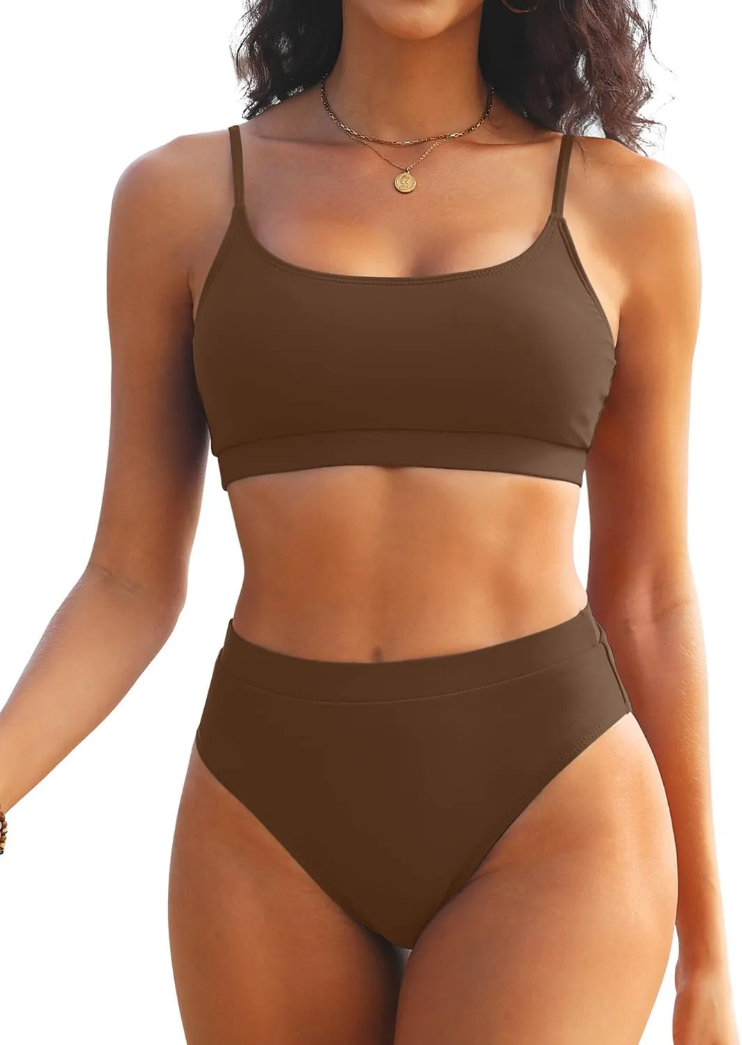 Tempt Me Women High Waisted Bikini Set Athletic Two Piece Swimsuits Sporty High Cut Bathing Suit with Scoop Neck