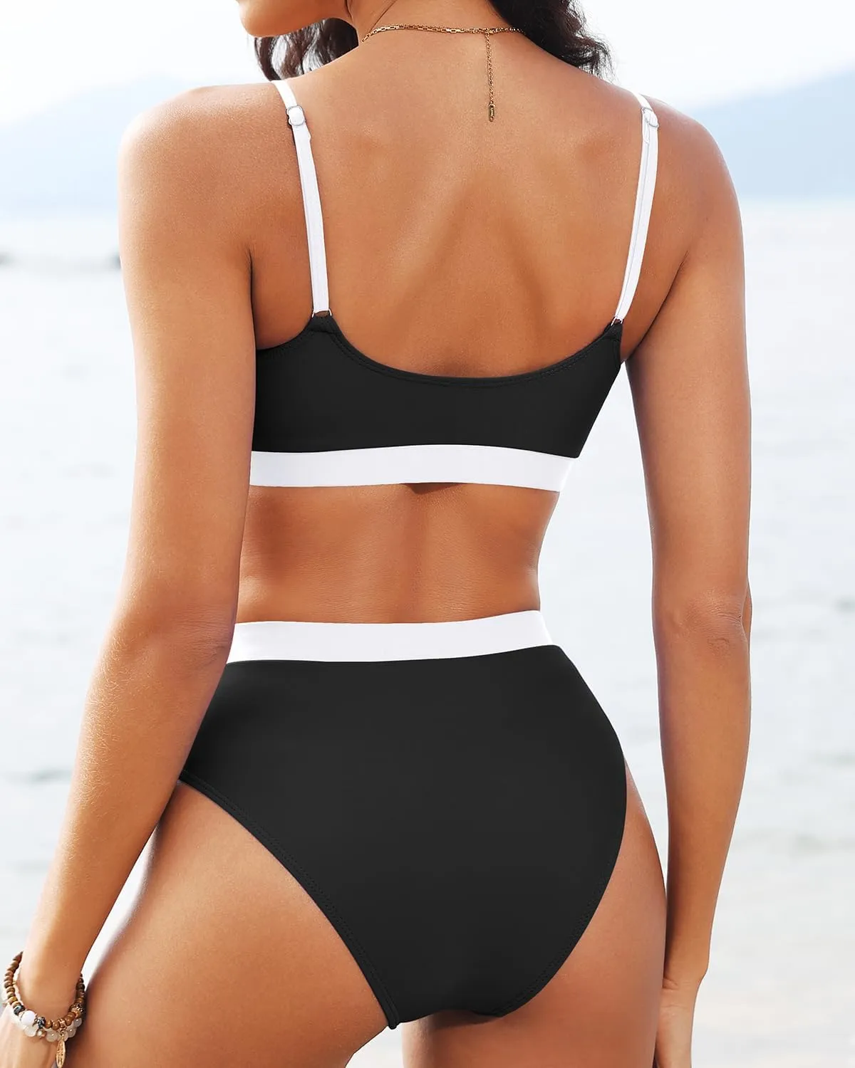 Tempt Me Women High Waisted Bikini Set Athletic Two Piece Swimsuits Sporty High Cut Bathing Suit with Scoop Neck
