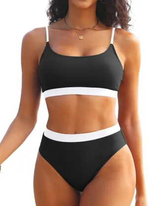 Tempt Me Women High Waisted Bikini Set Athletic Two Piece Swimsuits Sporty High Cut Bathing Suit with Scoop Neck
