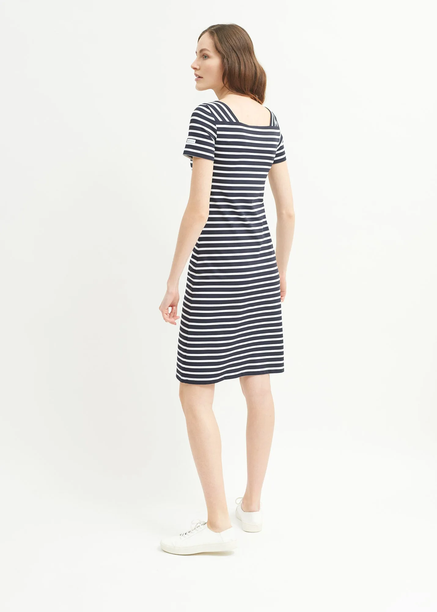 Tolde anti-UV striped dress - square neck, in recycled jersey (NAVY/NEIGE)