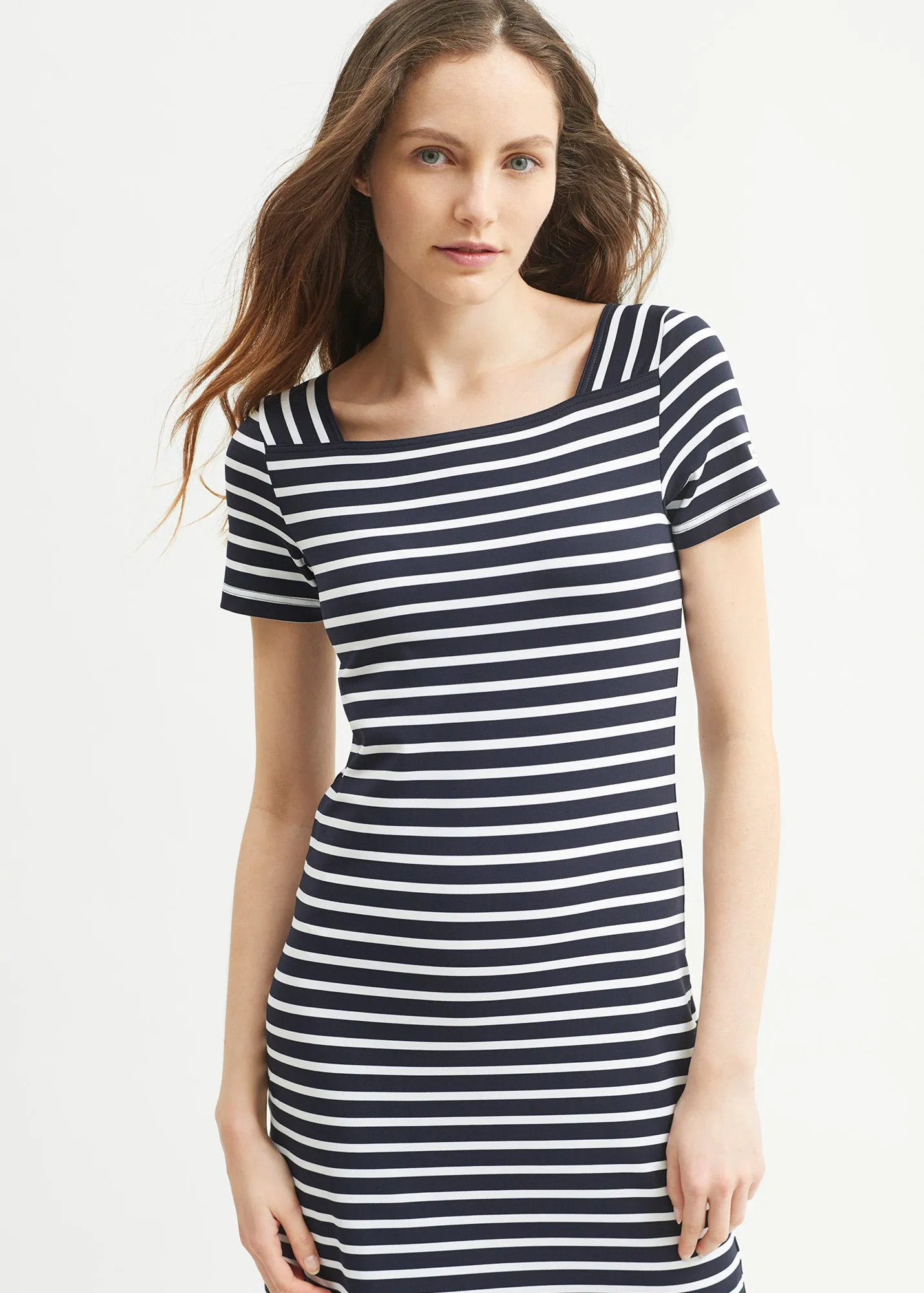 Tolde anti-UV striped dress - square neck, in recycled jersey (NAVY/NEIGE)