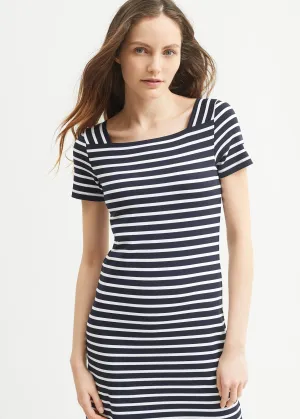 Tolde anti-UV striped dress - square neck, in recycled jersey (NAVY/NEIGE)