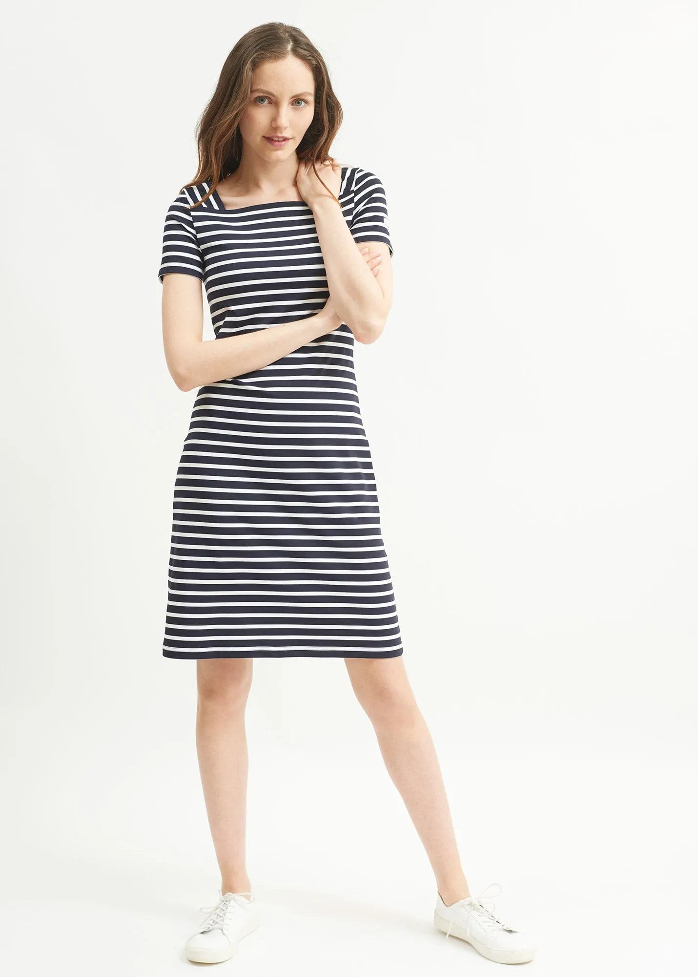 Tolde anti-UV striped dress - square neck, in recycled jersey (NAVY/NEIGE)