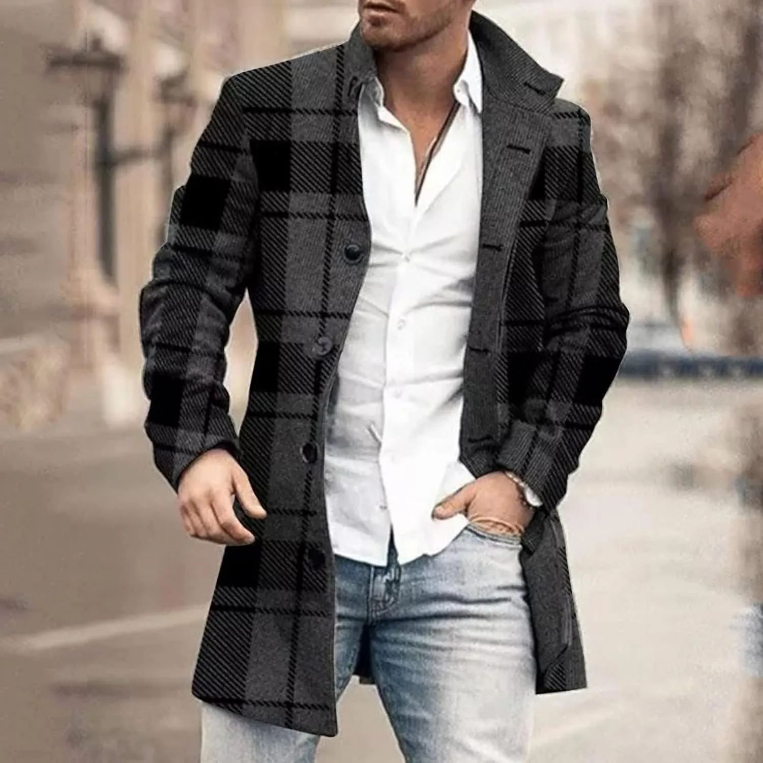 Trench Coat Men Mens Woolen Blend Jacket Double Breasted Trench Coat Lapel Mid Length Peacoat Winter Outerwear