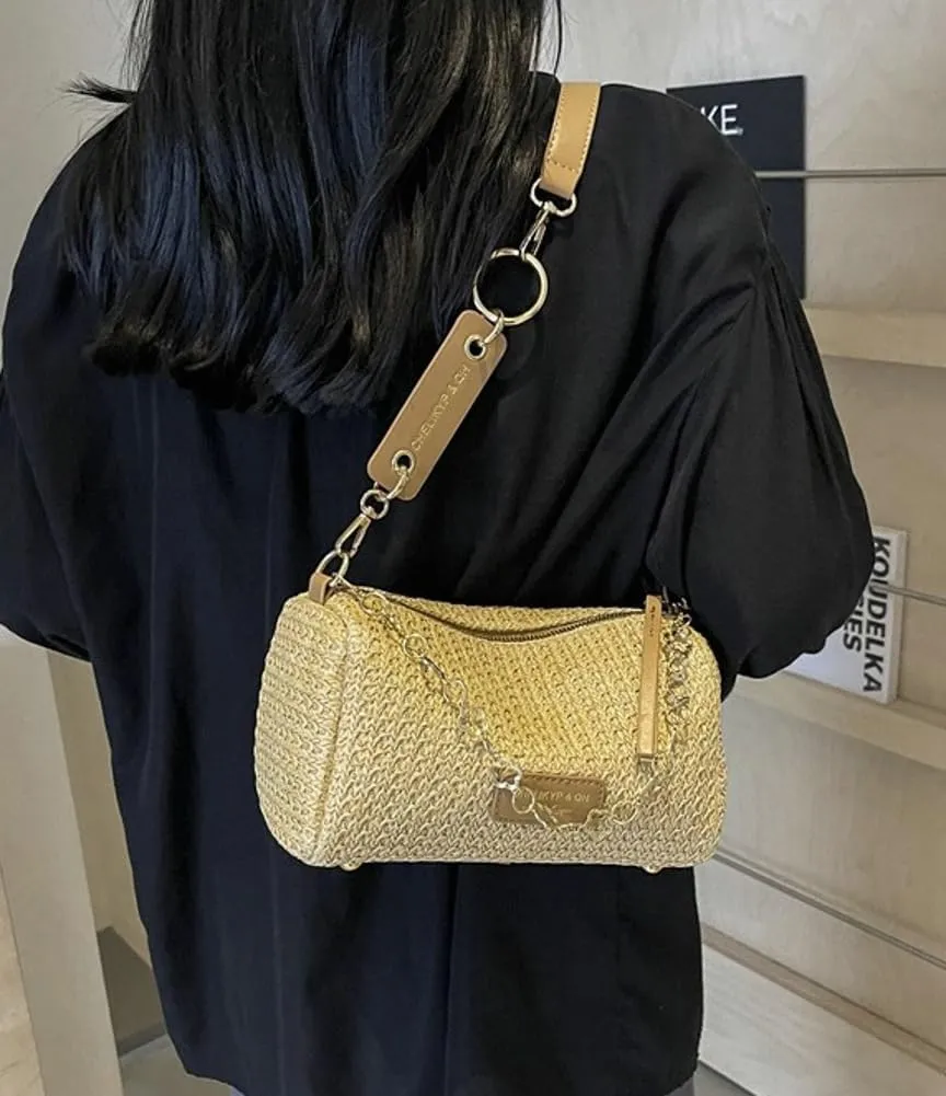 Trendy Straw Shoulder Bag Rainbow Chain Purse for Women Small College Causal Tote Handbag Satchel Purse for Travel 2025