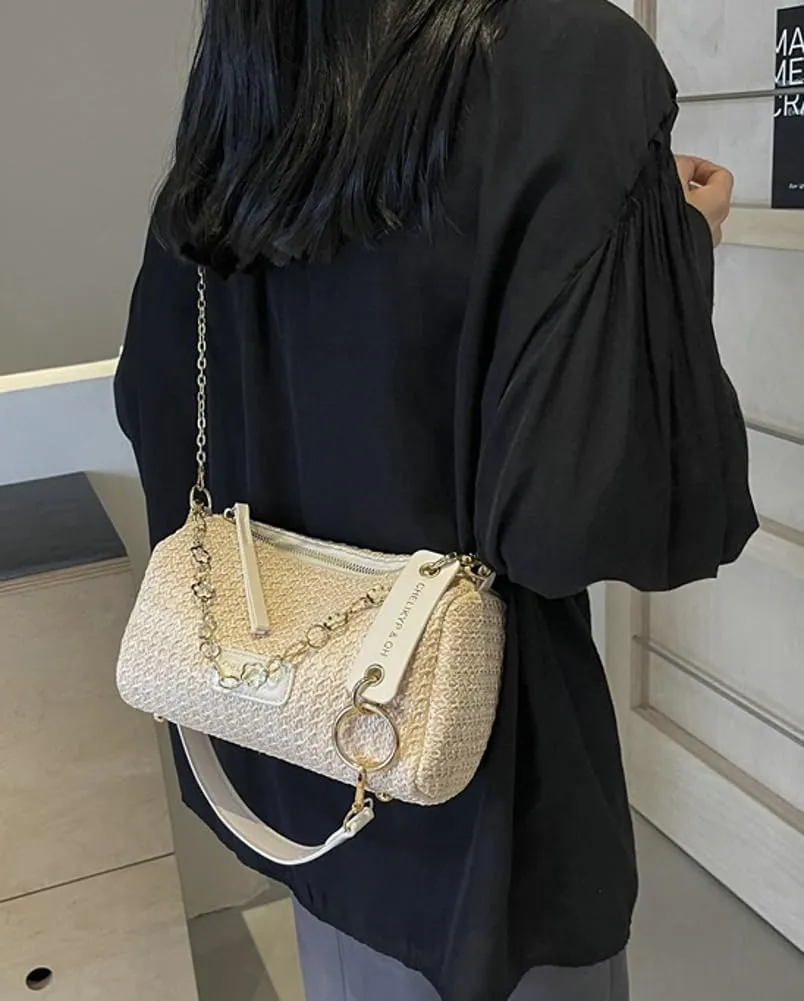 Trendy Straw Shoulder Bag Rainbow Chain Purse for Women Small College Causal Tote Handbag Satchel Purse for Travel 2025