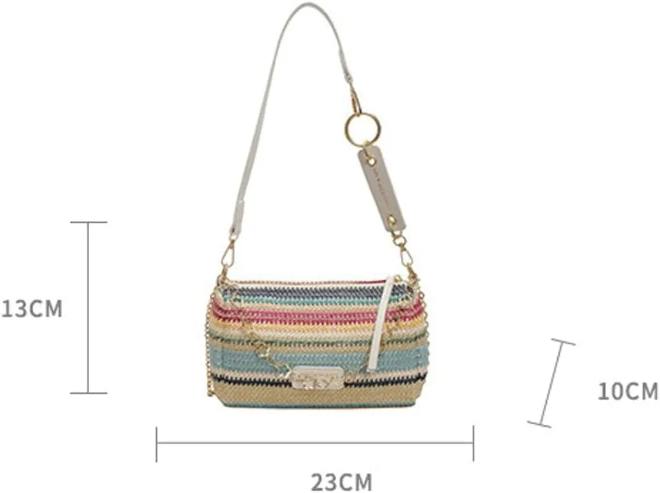 Trendy Straw Shoulder Bag Rainbow Chain Purse for Women Small College Causal Tote Handbag Satchel Purse for Travel 2025