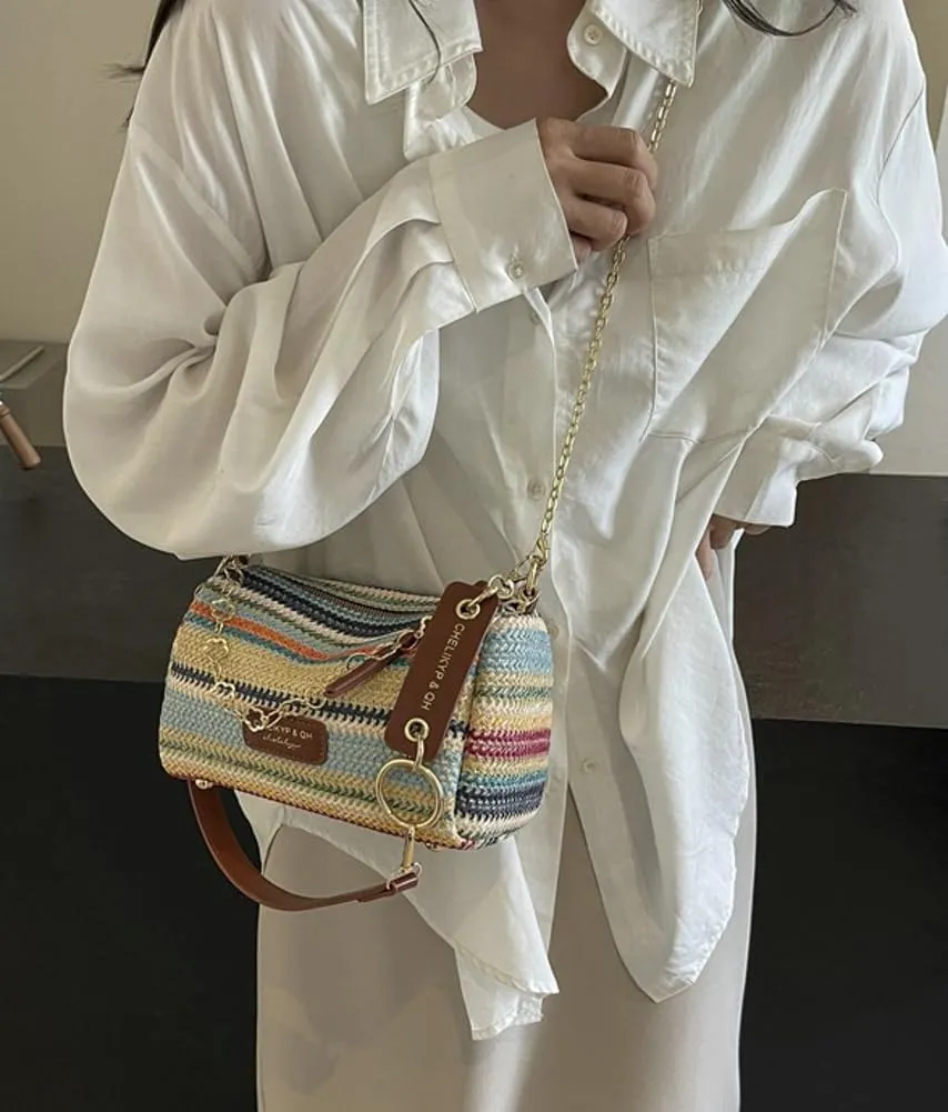 Trendy Straw Shoulder Bag Rainbow Chain Purse for Women Small College Causal Tote Handbag Satchel Purse for Travel 2025