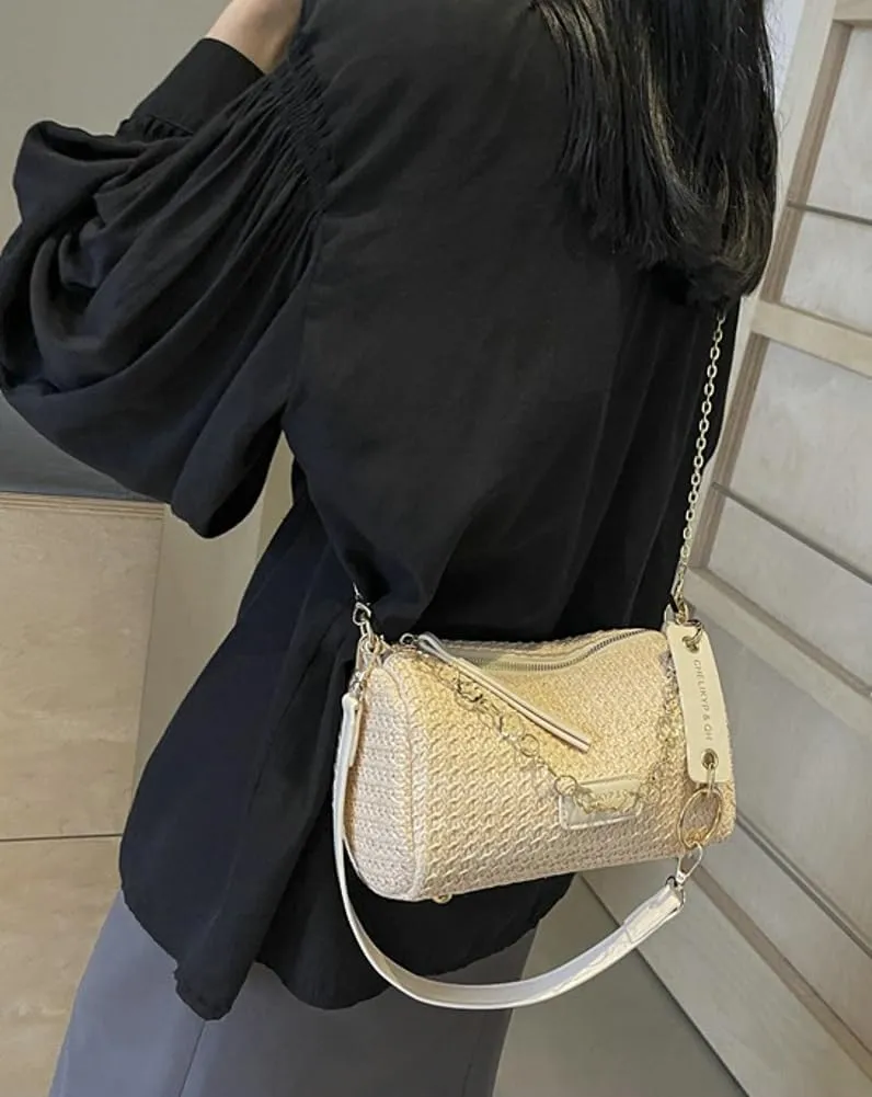 Trendy Straw Shoulder Bag Rainbow Chain Purse for Women Small College Causal Tote Handbag Satchel Purse for Travel 2025