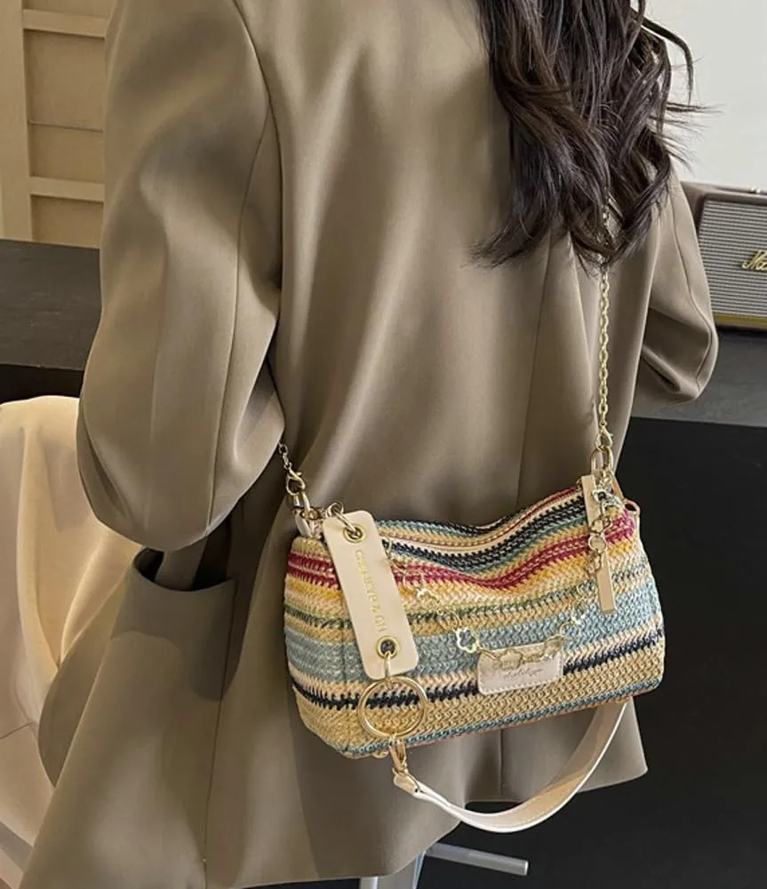 Trendy Straw Shoulder Bag Rainbow Chain Purse for Women Small College Causal Tote Handbag Satchel Purse for Travel 2025