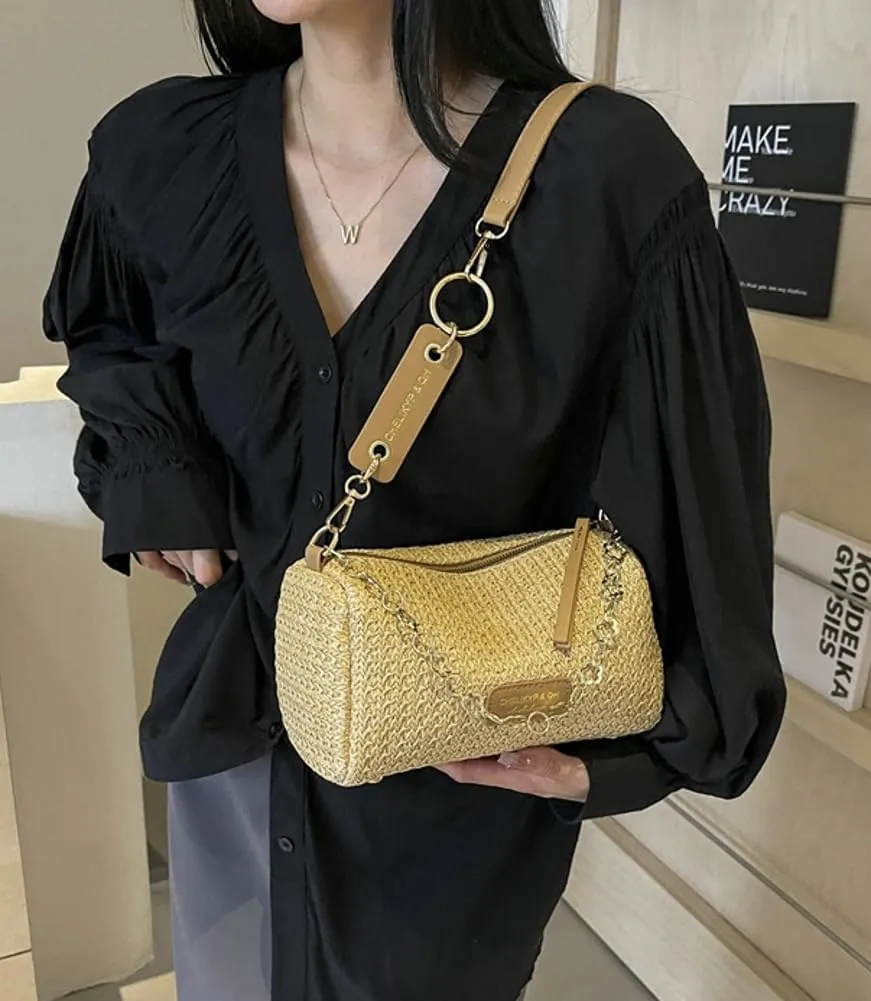 Trendy Straw Shoulder Bag Rainbow Chain Purse for Women Small College Causal Tote Handbag Satchel Purse for Travel 2025