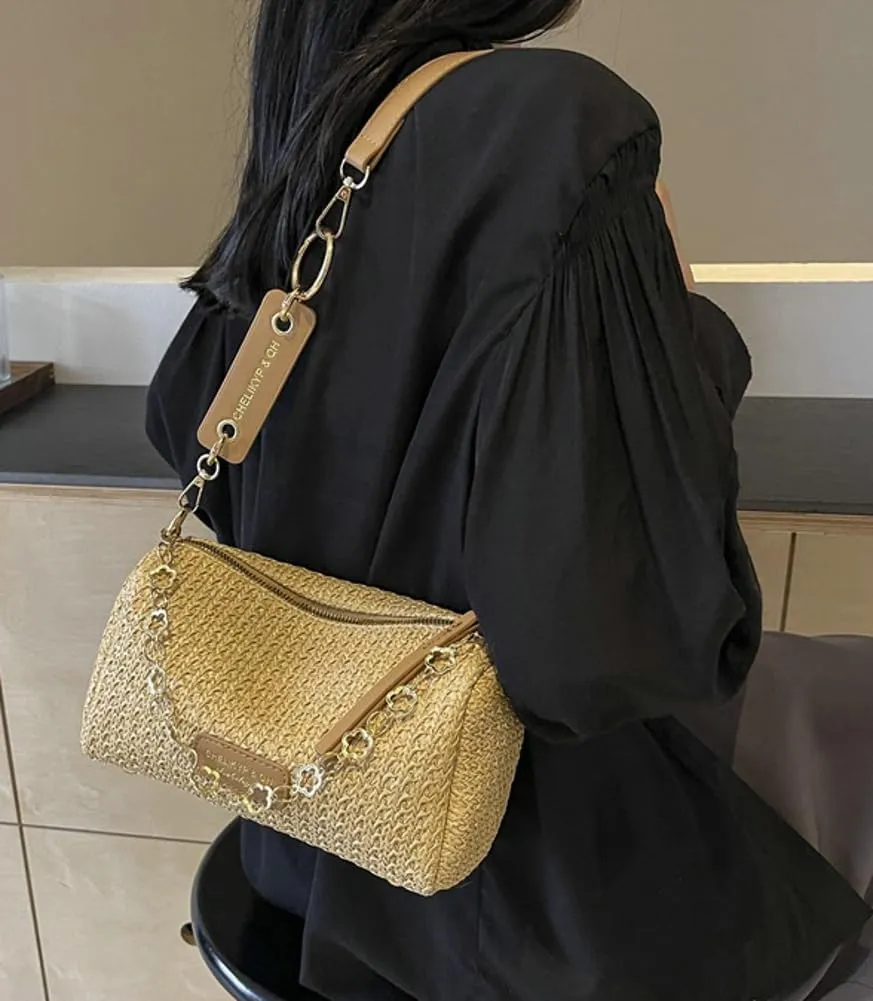 Trendy Straw Shoulder Bag Rainbow Chain Purse for Women Small College Causal Tote Handbag Satchel Purse for Travel 2025