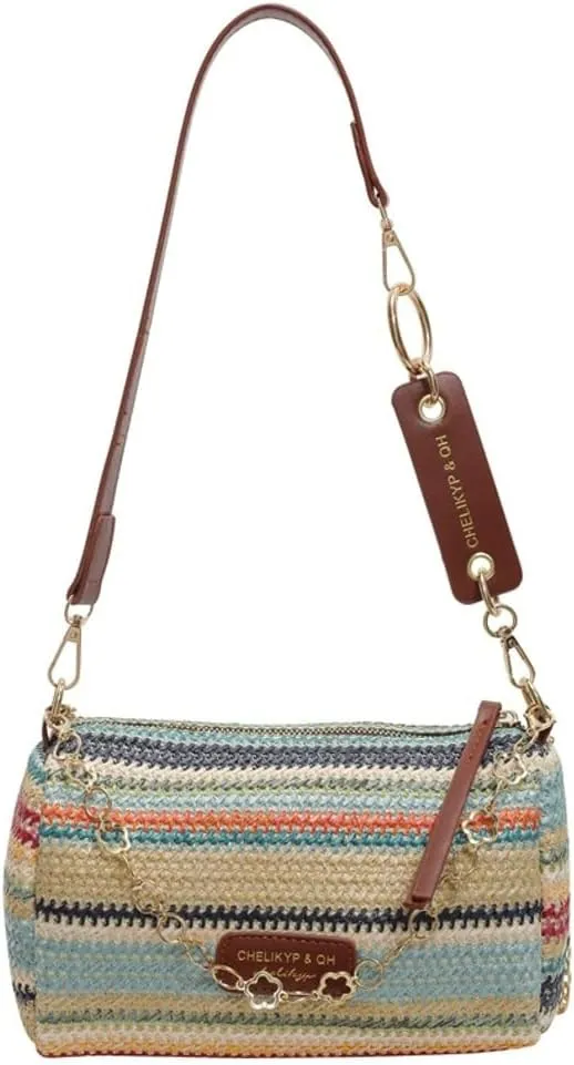 Trendy Straw Shoulder Bag Rainbow Chain Purse for Women Small College Causal Tote Handbag Satchel Purse for Travel 2025