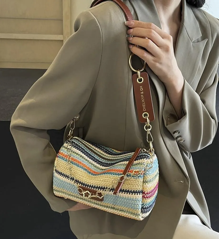 Trendy Straw Shoulder Bag Rainbow Chain Purse for Women Small College Causal Tote Handbag Satchel Purse for Travel 2025