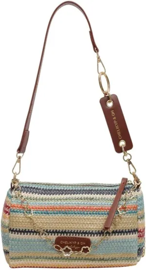 Trendy Straw Shoulder Bag Rainbow Chain Purse for Women Small College Causal Tote Handbag Satchel Purse for Travel 2025