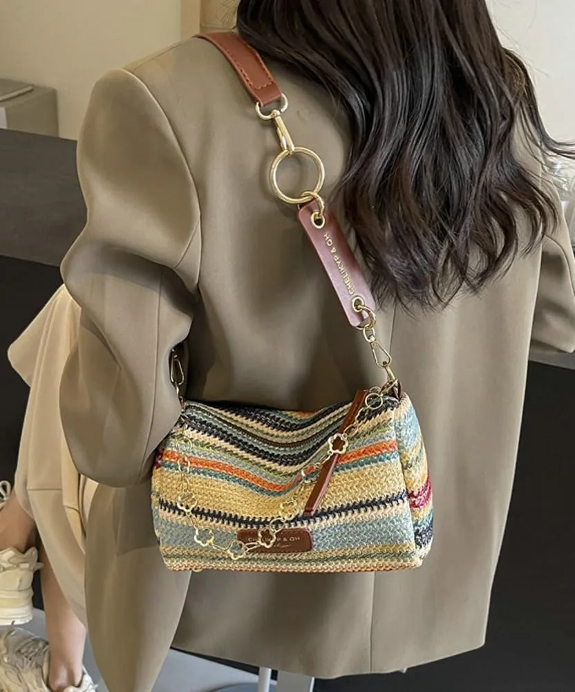 Trendy Straw Shoulder Bag Rainbow Chain Purse for Women Small College Causal Tote Handbag Satchel Purse for Travel 2025