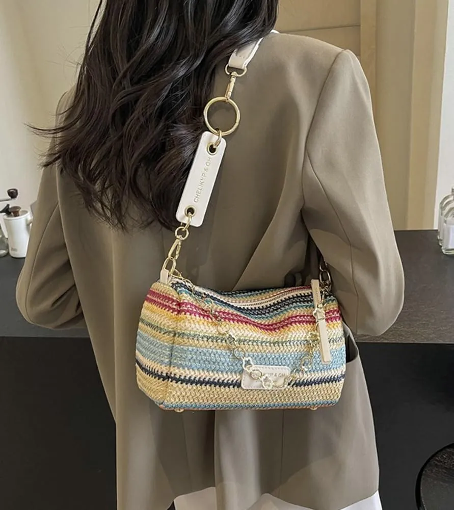 Trendy Straw Shoulder Bag Rainbow Chain Purse for Women Small College Causal Tote Handbag Satchel Purse for Travel 2025