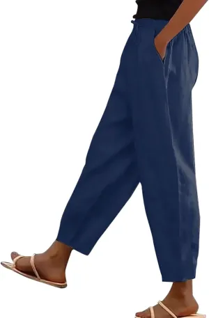 TWGONE Womens Casual Cotton Linen Pants Summer Drawstring Waist Wide Leg Loose Palazzo Pants Beach Vacation Outfits
