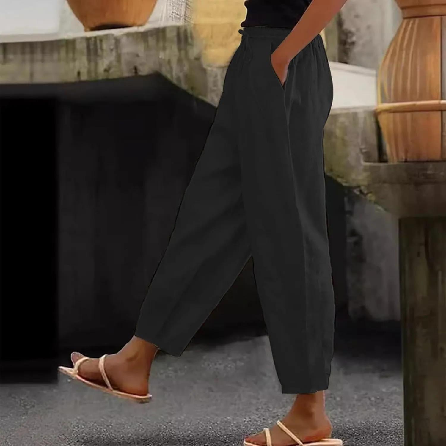 TWGONE Womens Casual Cotton Linen Pants Summer Drawstring Waist Wide Leg Loose Palazzo Pants Beach Vacation Outfits