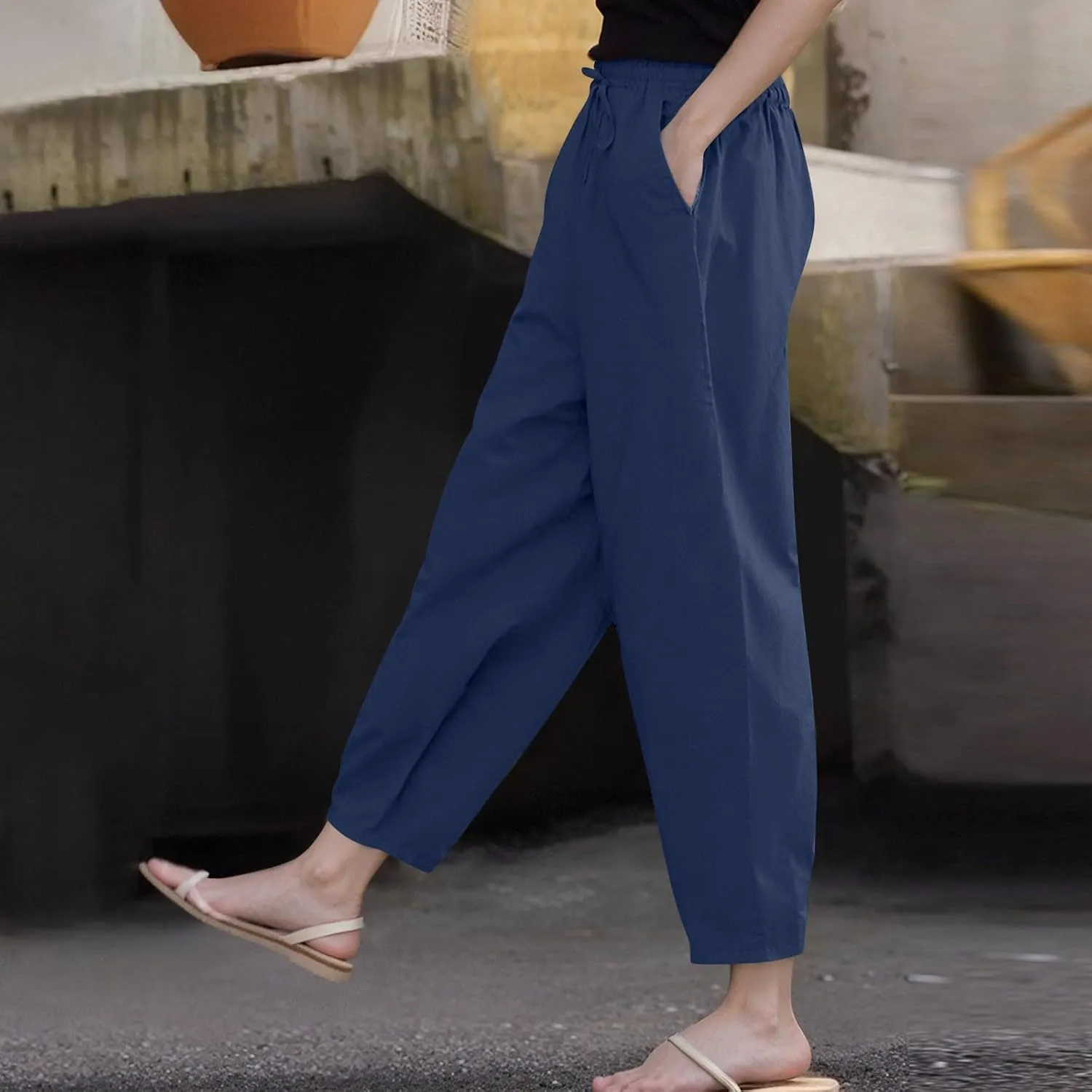 TWGONE Womens Casual Cotton Linen Pants Summer Drawstring Waist Wide Leg Loose Palazzo Pants Beach Vacation Outfits