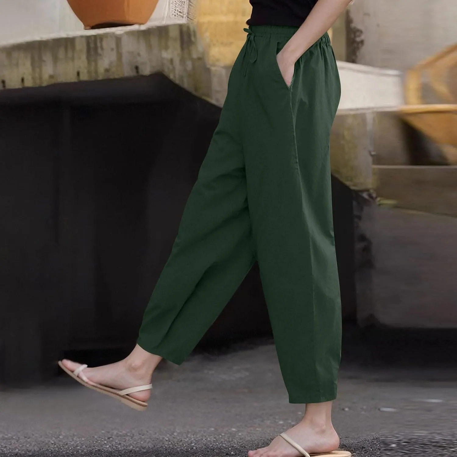 TWGONE Womens Casual Cotton Linen Pants Summer Drawstring Waist Wide Leg Loose Palazzo Pants Beach Vacation Outfits