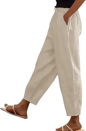 TWGONE Womens Casual Cotton Linen Pants Summer Drawstring Waist Wide Leg Loose Palazzo Pants Beach Vacation Outfits