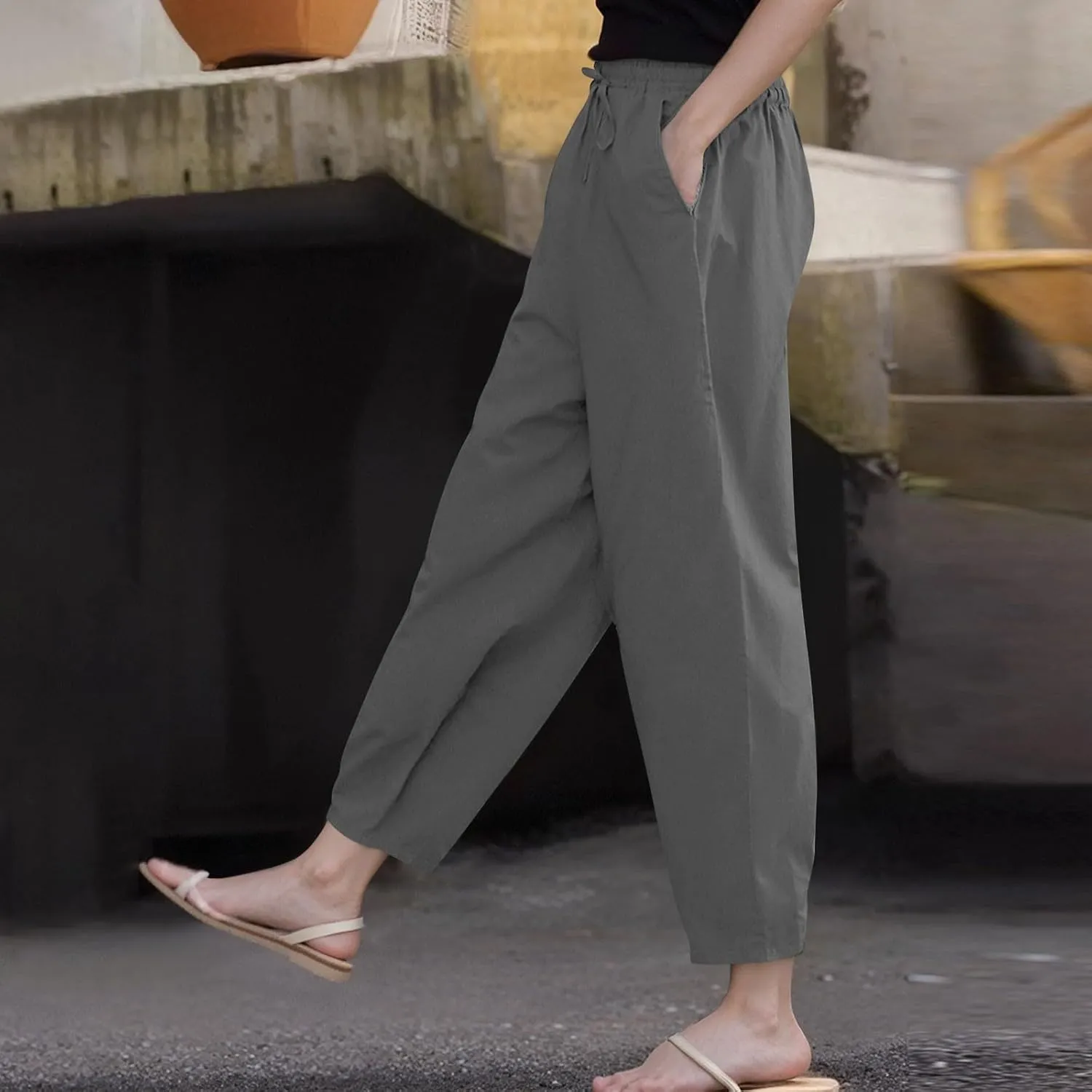 TWGONE Womens Casual Cotton Linen Pants Summer Drawstring Waist Wide Leg Loose Palazzo Pants Beach Vacation Outfits