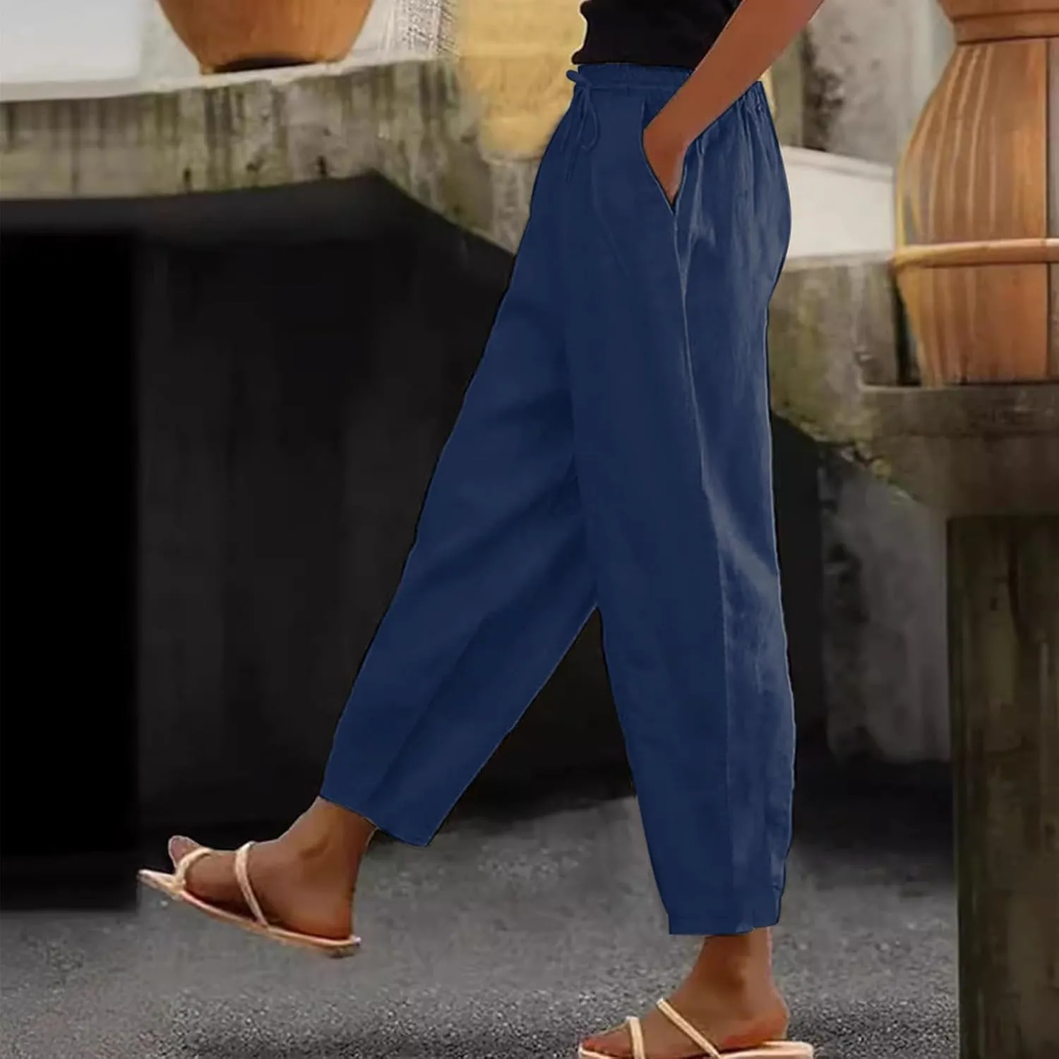 TWGONE Womens Casual Cotton Linen Pants Summer Drawstring Waist Wide Leg Loose Palazzo Pants Beach Vacation Outfits