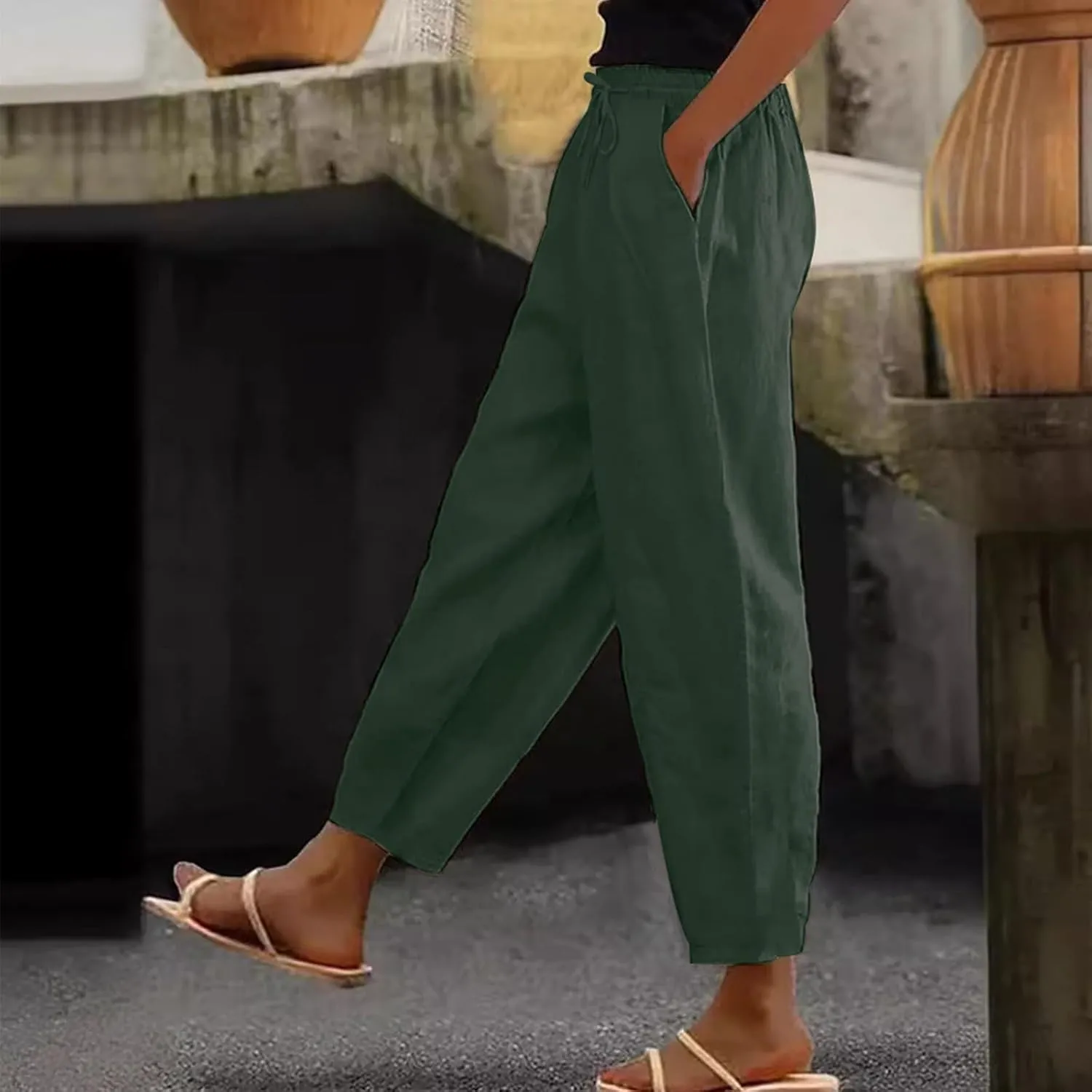 TWGONE Womens Casual Cotton Linen Pants Summer Drawstring Waist Wide Leg Loose Palazzo Pants Beach Vacation Outfits