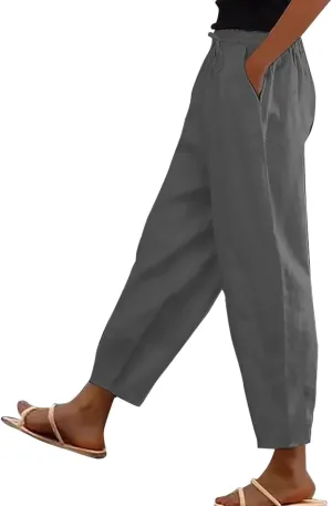 TWGONE Womens Casual Cotton Linen Pants Summer Drawstring Waist Wide Leg Loose Palazzo Pants Beach Vacation Outfits