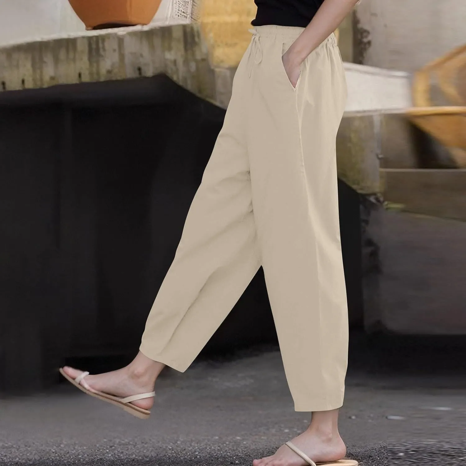 TWGONE Womens Casual Cotton Linen Pants Summer Drawstring Waist Wide Leg Loose Palazzo Pants Beach Vacation Outfits