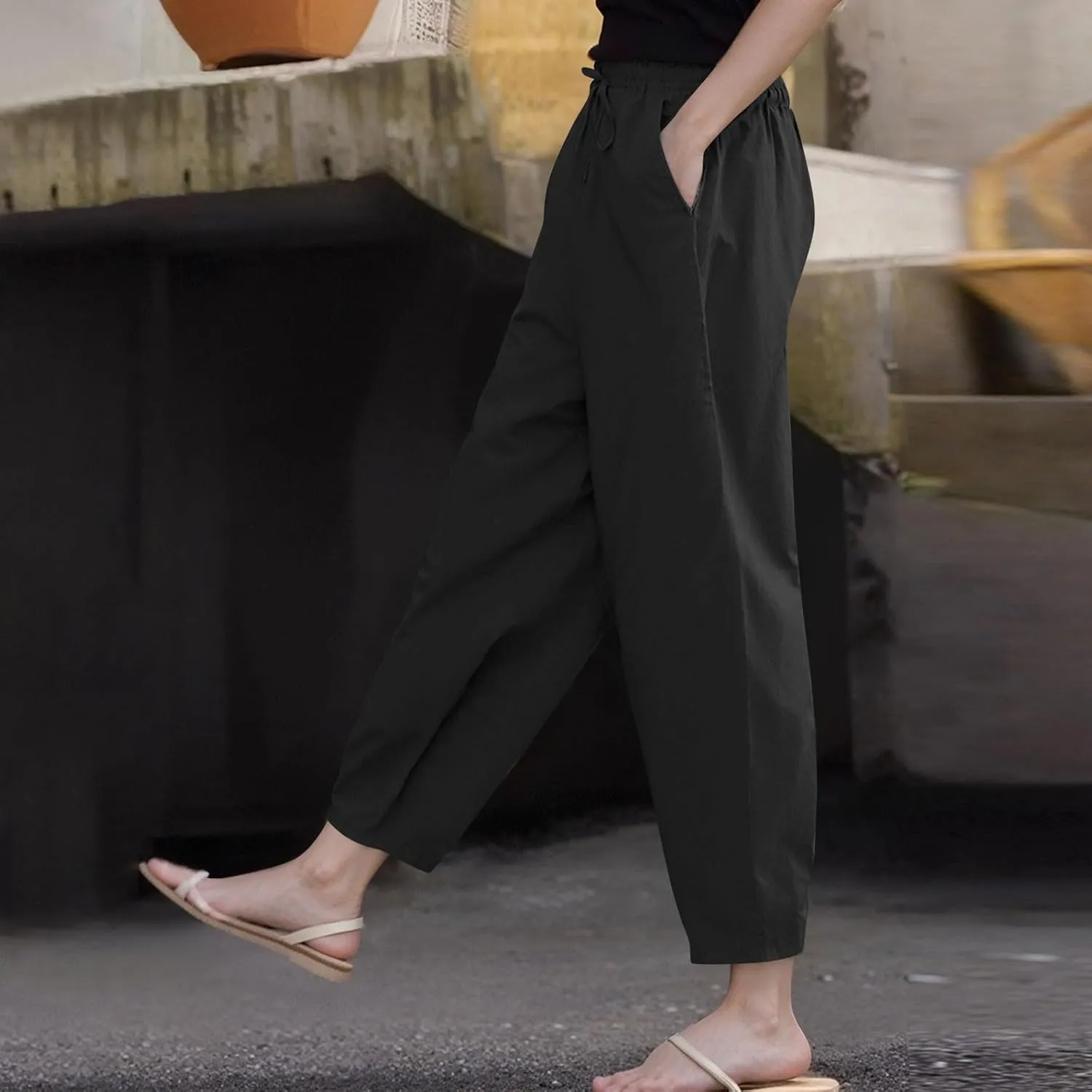 TWGONE Womens Casual Cotton Linen Pants Summer Drawstring Waist Wide Leg Loose Palazzo Pants Beach Vacation Outfits