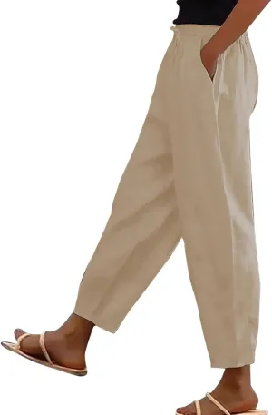 TWGONE Womens Casual Cotton Linen Pants Summer Drawstring Waist Wide Leg Loose Palazzo Pants Beach Vacation Outfits