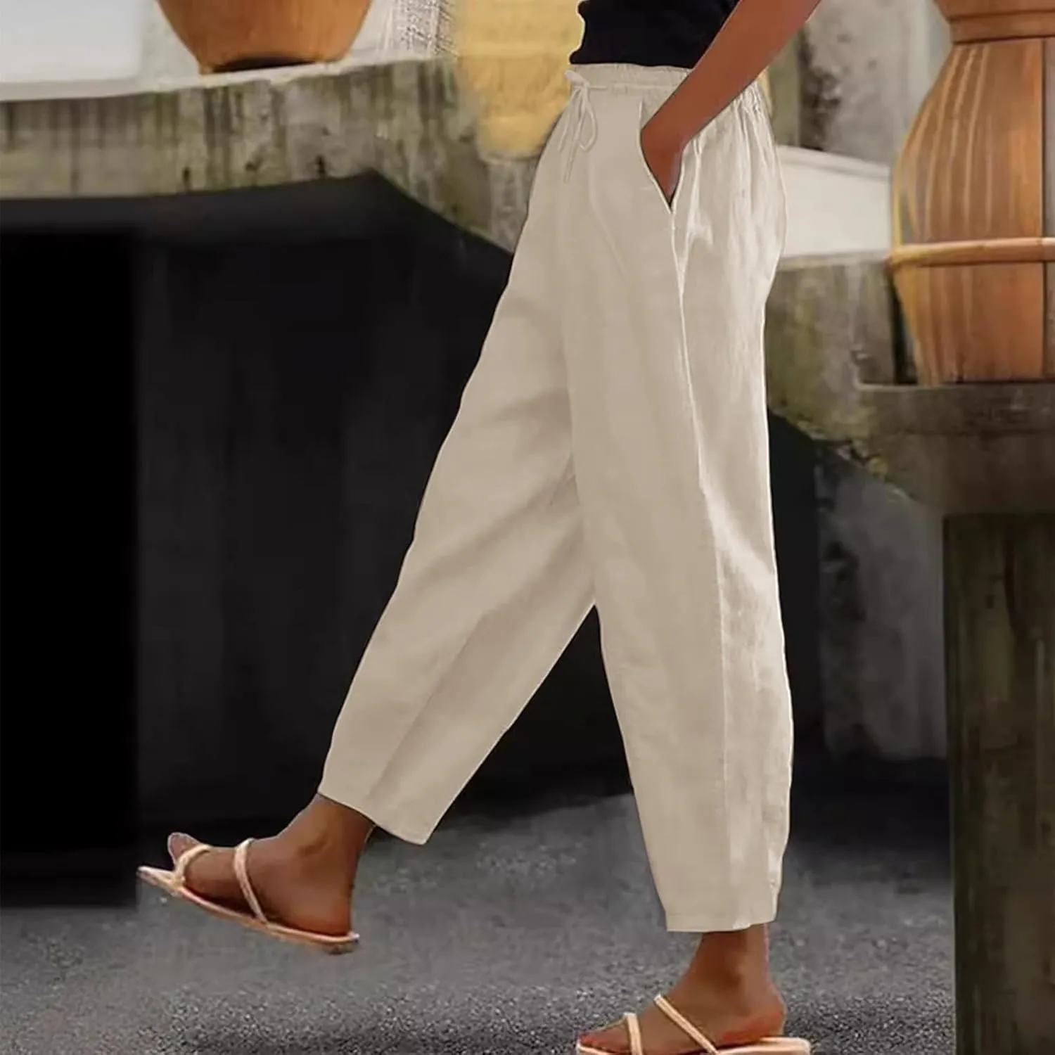 TWGONE Womens Casual Cotton Linen Pants Summer Drawstring Waist Wide Leg Loose Palazzo Pants Beach Vacation Outfits