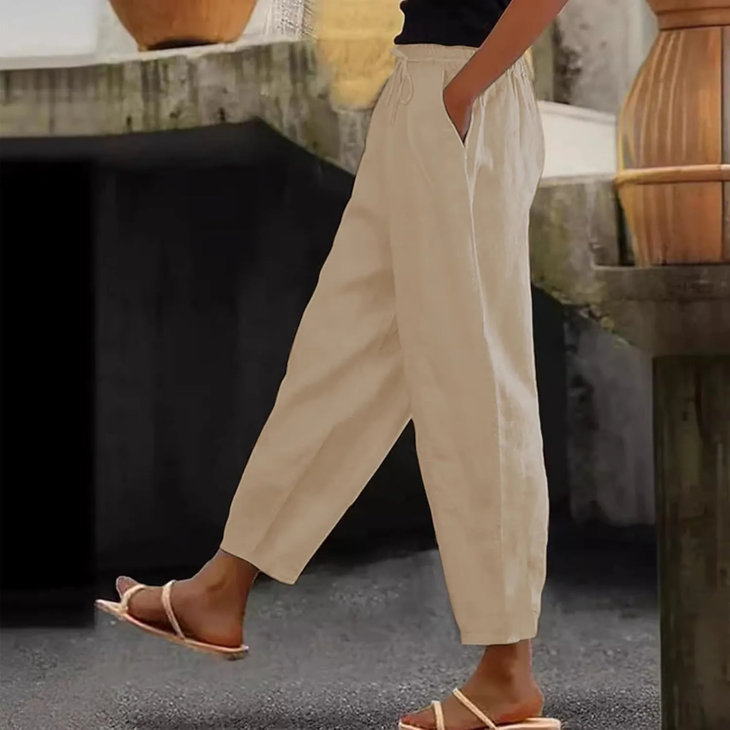 TWGONE Womens Casual Cotton Linen Pants Summer Drawstring Waist Wide Leg Loose Palazzo Pants Beach Vacation Outfits