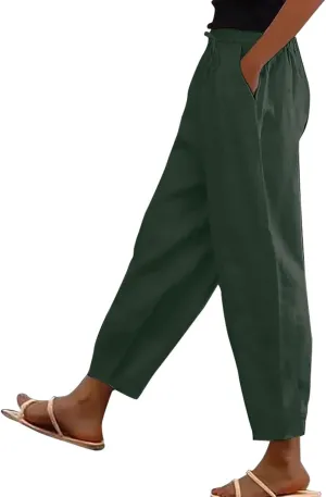 TWGONE Womens Casual Cotton Linen Pants Summer Drawstring Waist Wide Leg Loose Palazzo Pants Beach Vacation Outfits