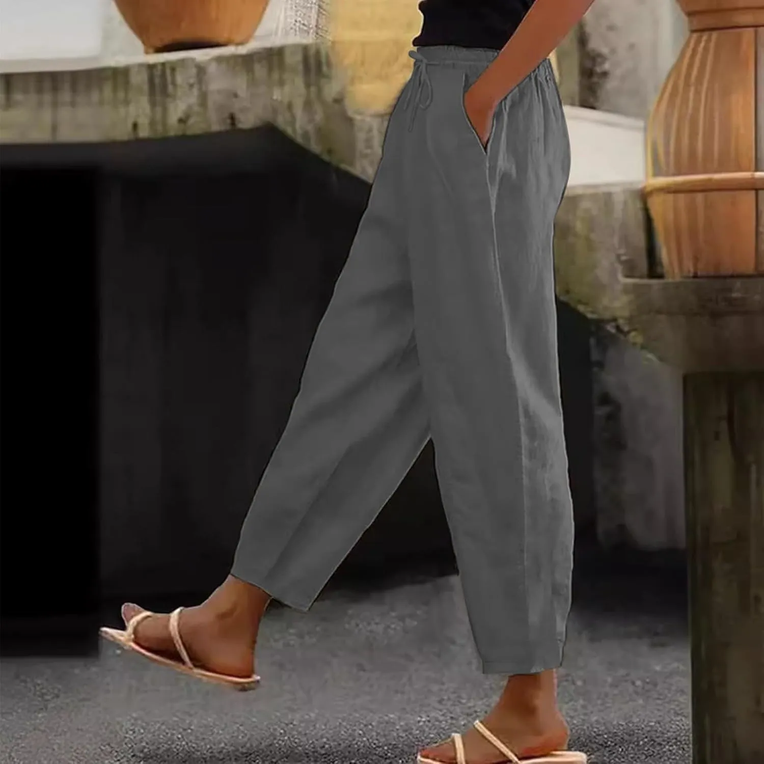 TWGONE Womens Casual Cotton Linen Pants Summer Drawstring Waist Wide Leg Loose Palazzo Pants Beach Vacation Outfits