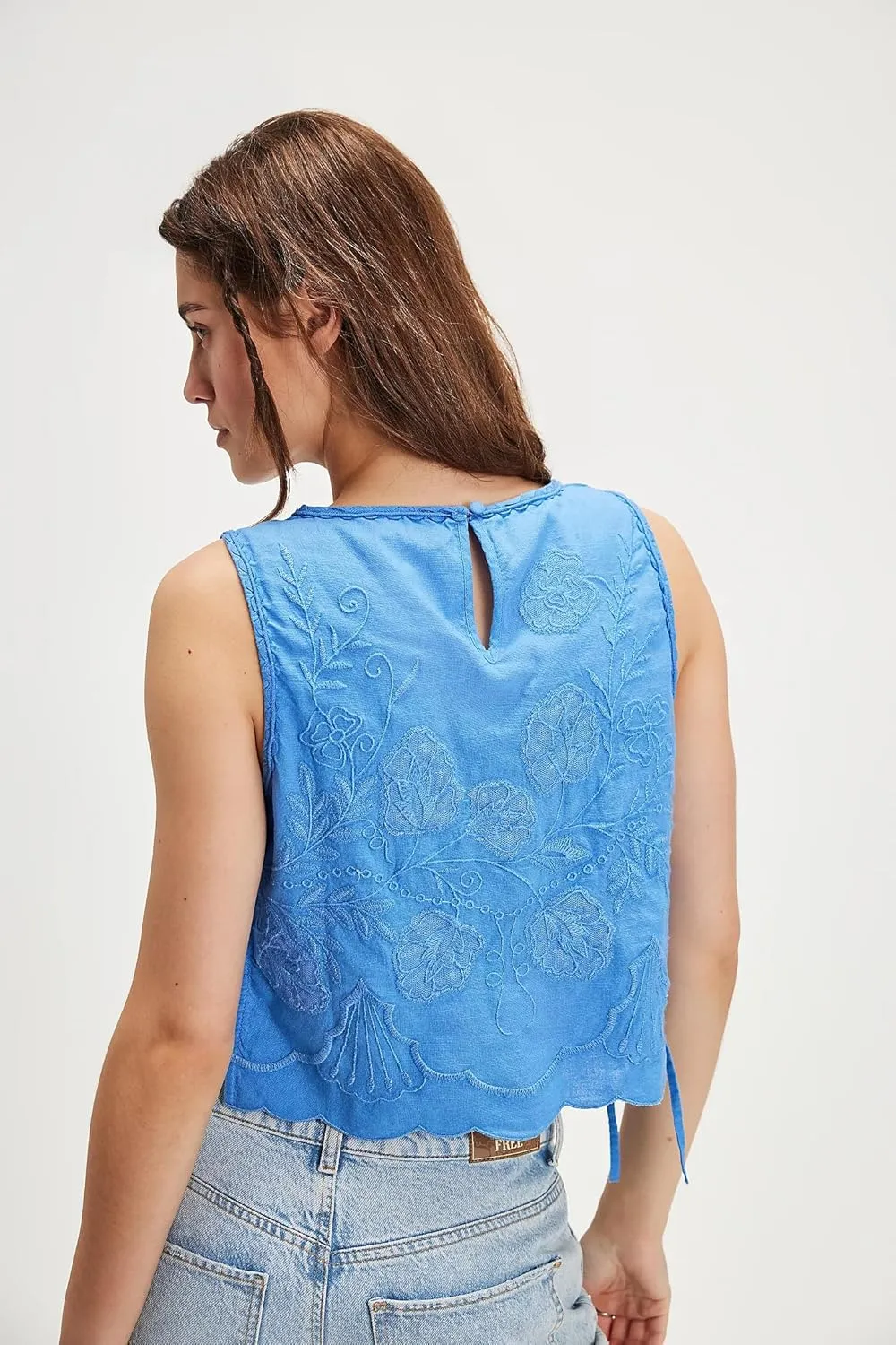 UAURORAO Women Tie Up Tank Top Floral Embroidered Cropped Vest Flower Embroidery Backless Babydoll Going Out Camisole