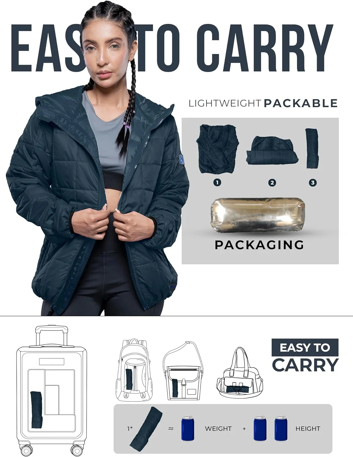 URBAN BUCK Packable Puffer Jacket Women with Hood  32 Degree Lightweight Quilted Winter Puff Foldable Jacket for Women