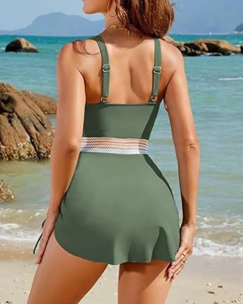 V-Neck Drawstring One-Piece Swim Dress