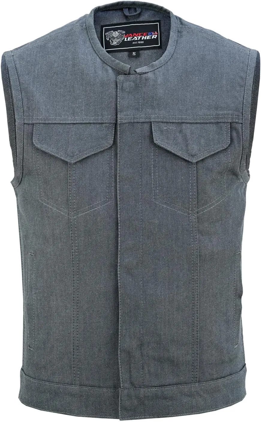 Vance Leather Men's Black Denim Collarless Club Vest with Conceal Carry Pockets