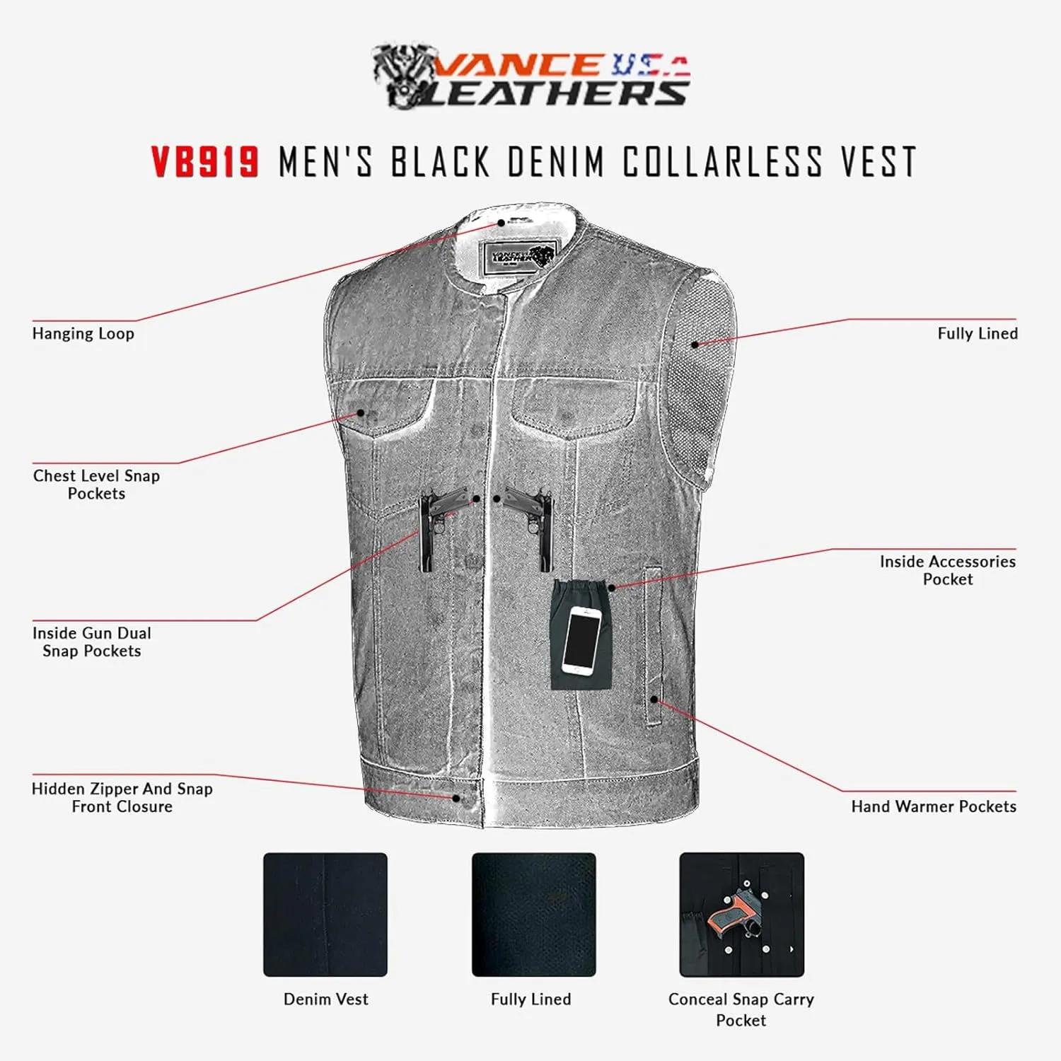 Vance Leather Men's Black Denim Collarless Club Vest with Conceal Carry Pockets