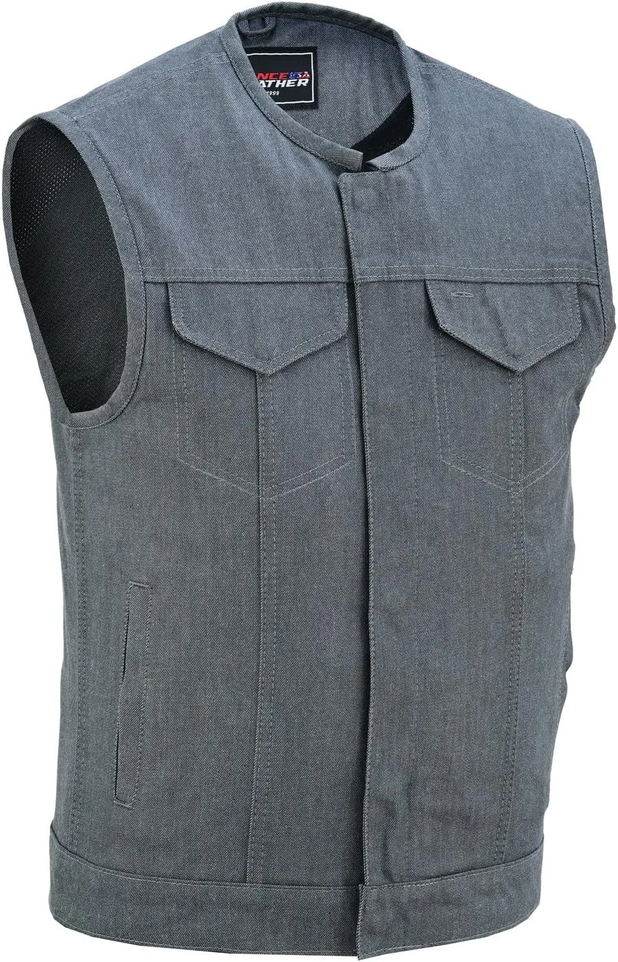Vance Leather Men's Black Denim Collarless Club Vest with Conceal Carry Pockets