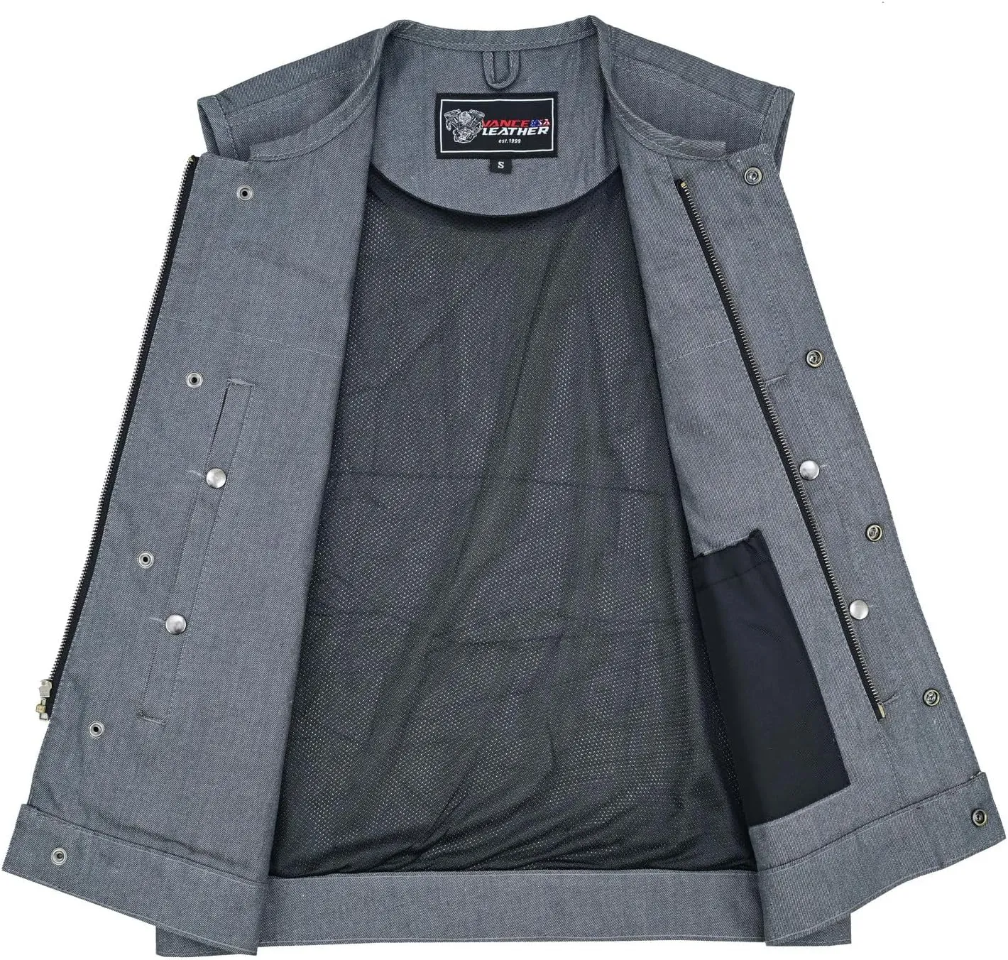 Vance Leather Men's Black Denim Collarless Club Vest with Conceal Carry Pockets