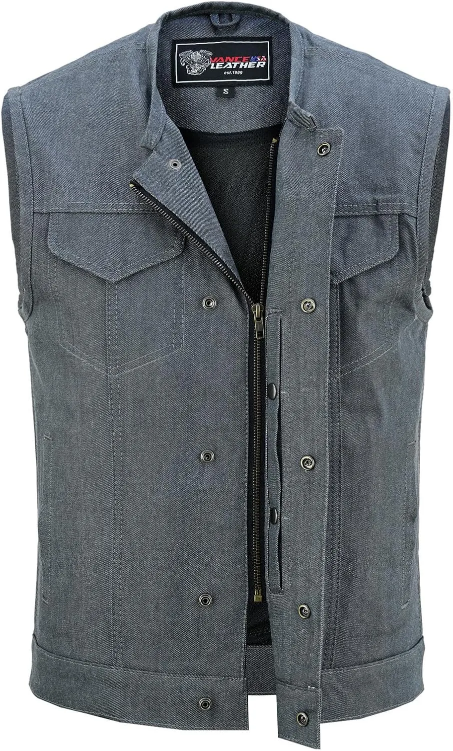 Vance Leather Men's Black Denim Collarless Club Vest with Conceal Carry Pockets