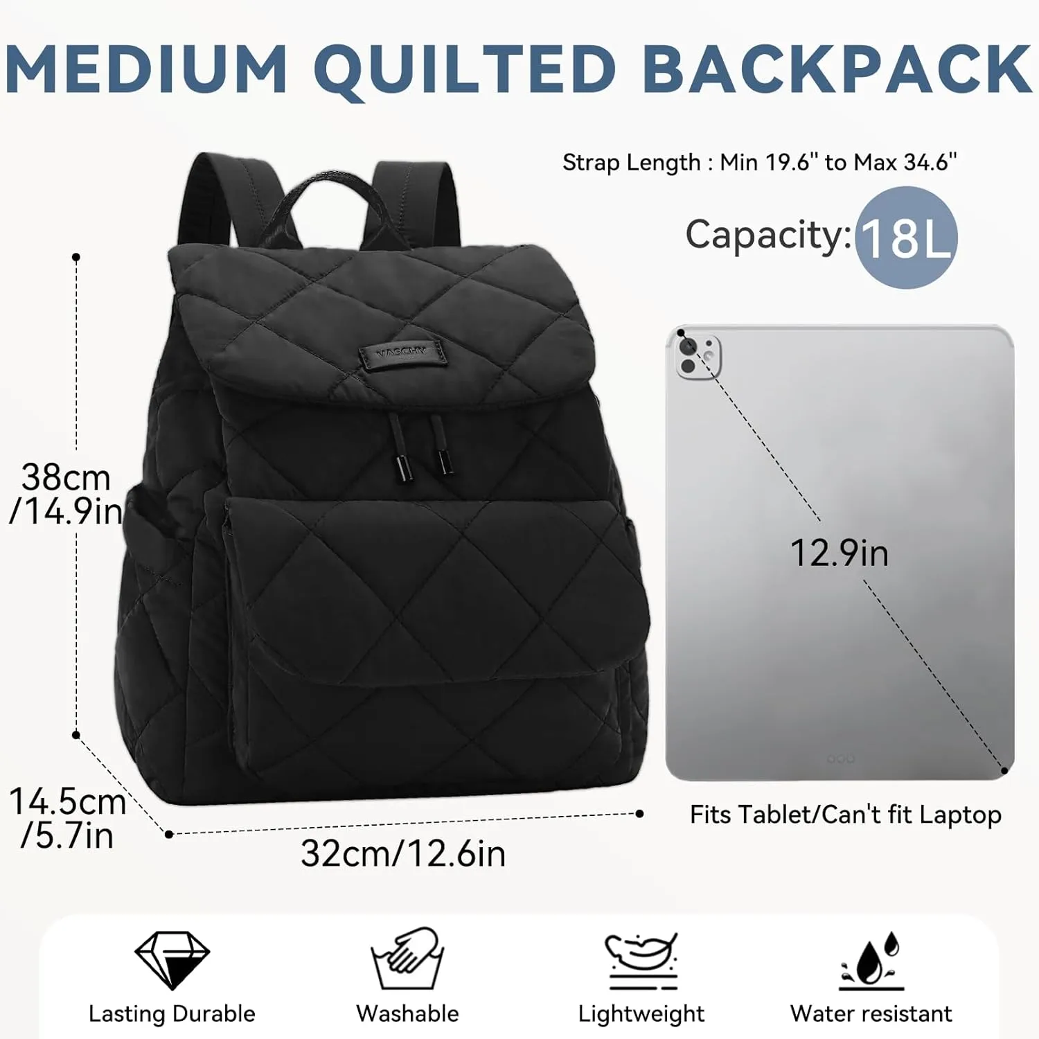 VASCHY Quilted Backpack Purse for Women, Lightweight Casual Puffer Flap Drawstring Backpack for Gym/Work/Travel/Hiking/Diaper Black