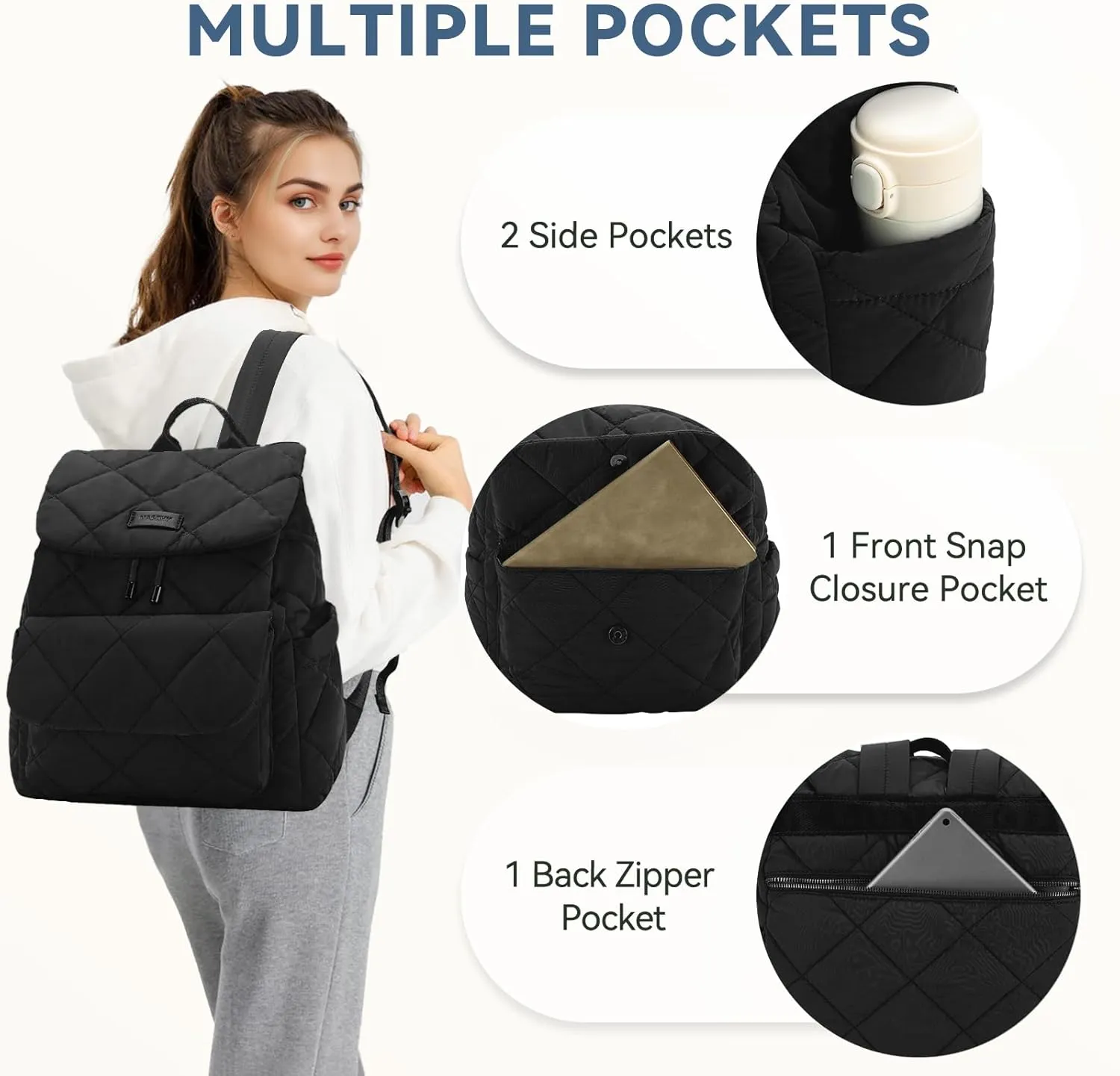 VASCHY Quilted Backpack Purse for Women, Lightweight Casual Puffer Flap Drawstring Backpack for Gym/Work/Travel/Hiking/Diaper Black