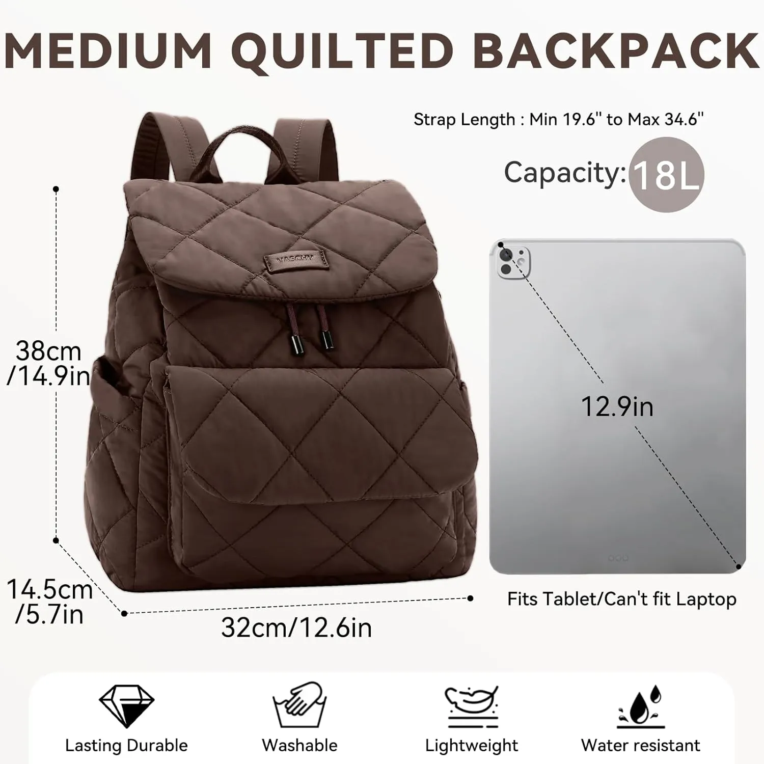 VASCHY Quilted Backpack Purse for Women, Lightweight Casual Puffer Flap Drawstring Backpack for Gym/Work/Travel/Hiking/Diaper Brown