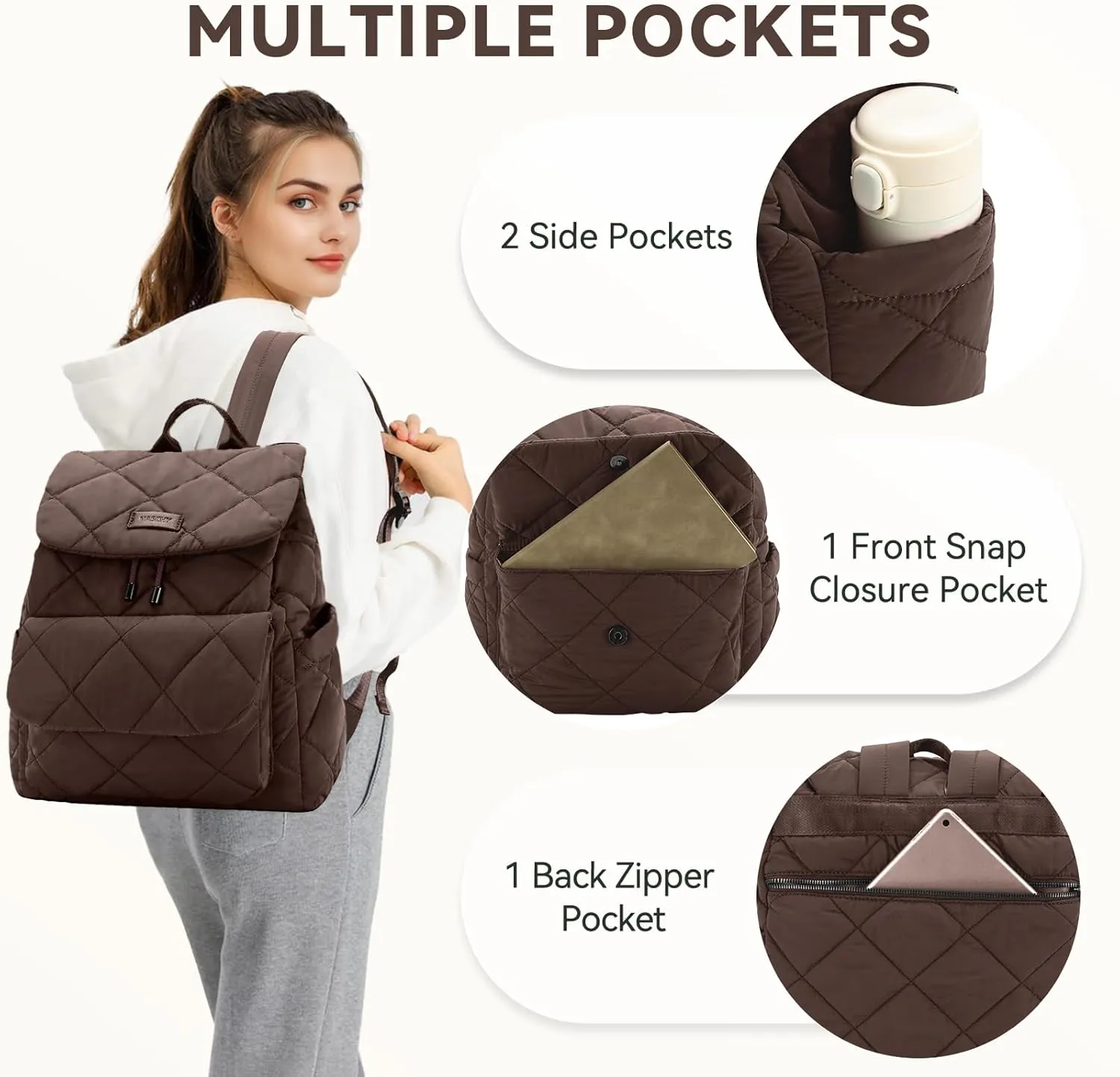 VASCHY Quilted Backpack Purse for Women, Lightweight Casual Puffer Flap Drawstring Backpack for Gym/Work/Travel/Hiking/Diaper Brown